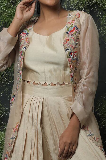 Shop_Usha Bagri_Beige Silk Embroidery Round Pleated Palazzo Set With Jacket  _Online_at_Aza_Fashions