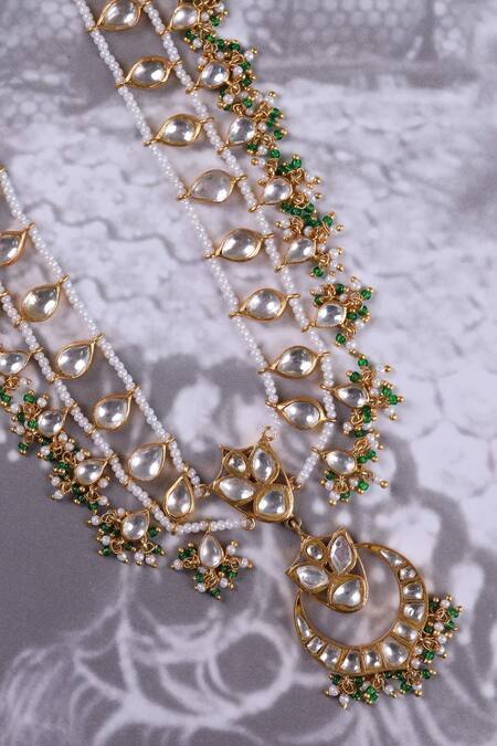 Osvag India_Gold Plated Polki Pearl Green Onyx Long Pendant Necklace _Online_at_Aza_Fashions