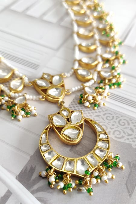 Buy_Osvag India_Gold Plated Polki Pearl Green Onyx Long Pendant Necklace _Online_at_Aza_Fashions