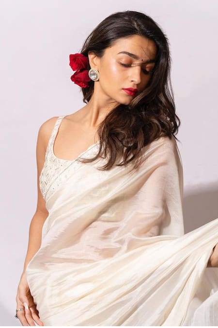 Buy_PUNIT BALANA_White Organza Silk Embroidery Scoop Neck Saree Set _Online_at_Aza_Fashions
