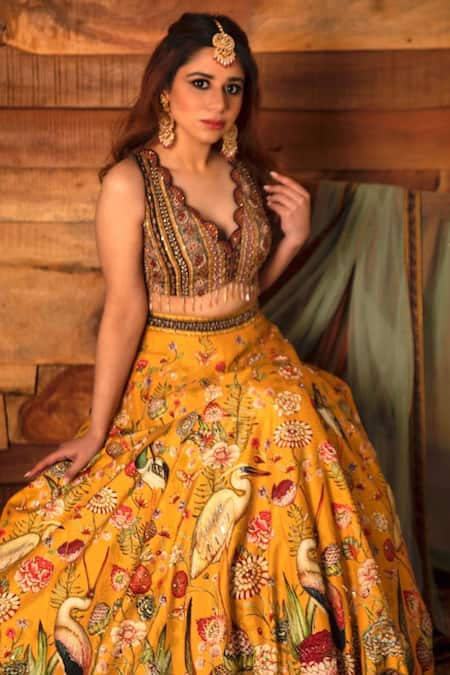 Mustard Yellow Printed Wedding Lehenga Choli