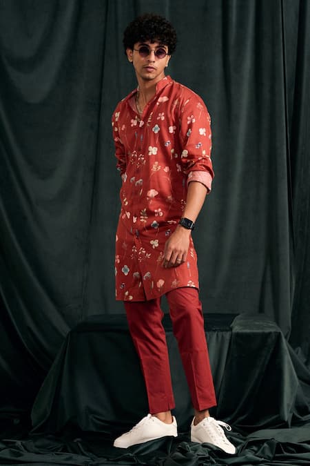 Project Bandi_Red Cotton Printed Floral Bloom Kurta Set  _at_Aza_Fashions