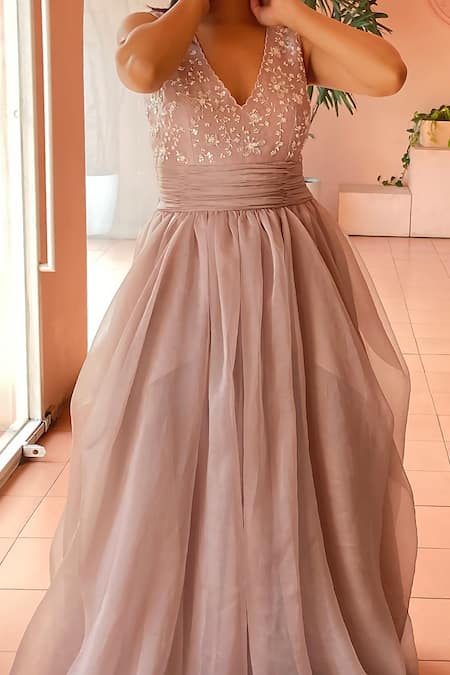 Shop_PIRI INDIA_Purple Organza Sequins, Pearls, Beads V-neck Hand Embroidered Cowl Gown _Online_at_Aza_Fashions