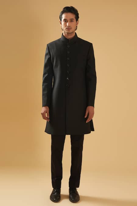 Raghavendra Rathore Blue Black Cotton Mandarin Collar Tailored Achkan Online at Aza Fashions Raghavendra Rathore Blue_Black Cotton Mandarin Collar Tailored Achkan _Online_at_Aza_Fashions