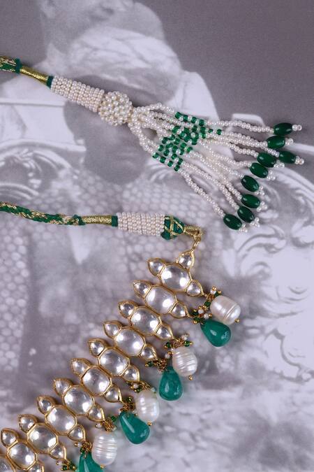 Osvag India_Gold Plated Polki Pearl And Green Onyx Choker _Online_at_Aza_Fashions