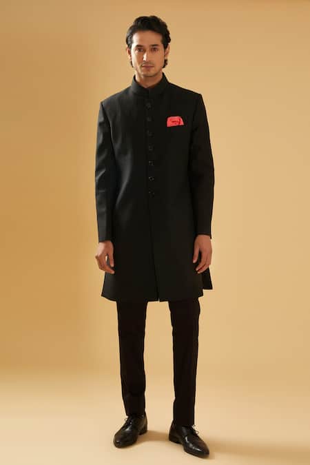 Shop Raghavendra Rathore Blue Black Cotton Mandarin Collar Tailored Achkan Online at Aza Fashions Shop_Raghavendra Rathore Blue_Black Cotton Mandarin Collar Tailored Achkan _Online_at_Aza_Fashions