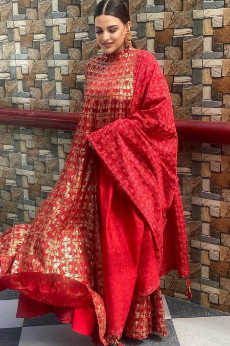Buy_Masaba_Red Anarkali Chiffon Dupatta Chanderi Printed High Kurta Set _Online_at_Aza_Fashions