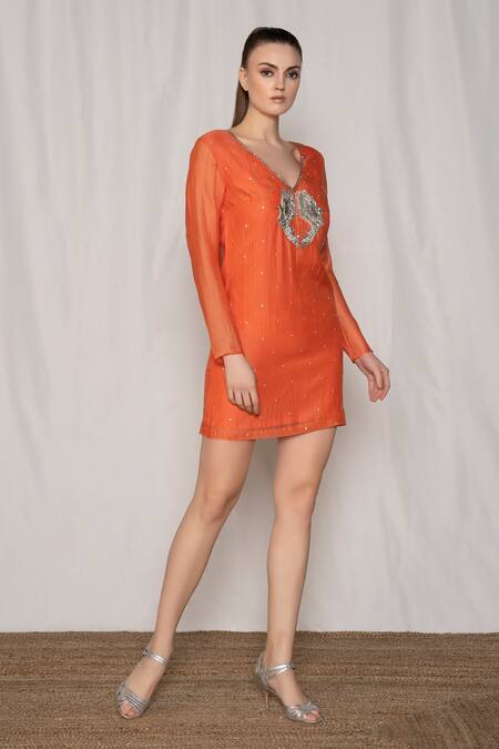 Buy Amrta By Guneet Kondal Coral Cotton, Viscose Beads, Embroidery V-neck Short Dress Online at Aza Fashions Buy_Amrta By Guneet Kondal_Coral Cotton, Viscose Beads, Embroidery V-neck Short Dress _Online_at_Aza_Fashions