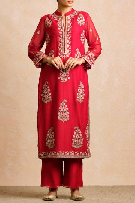 Sue Mue_Red Maheswari Handloom Cotton Band Collar Kurta Set _Online_at_Aza_Fashions