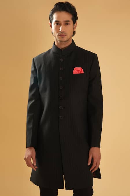 Raghavendra Rathore Blue Black Cotton Mandarin Collar Tailored Achkan at Aza Fashions Raghavendra Rathore Blue_Black Cotton Mandarin Collar Tailored Achkan _at_Aza_Fashions