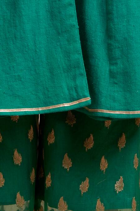 Sue Mue_Beige Banarasi, Handloom Cotton Mandarin Collar Anarkali Set _at_Aza_Fashions