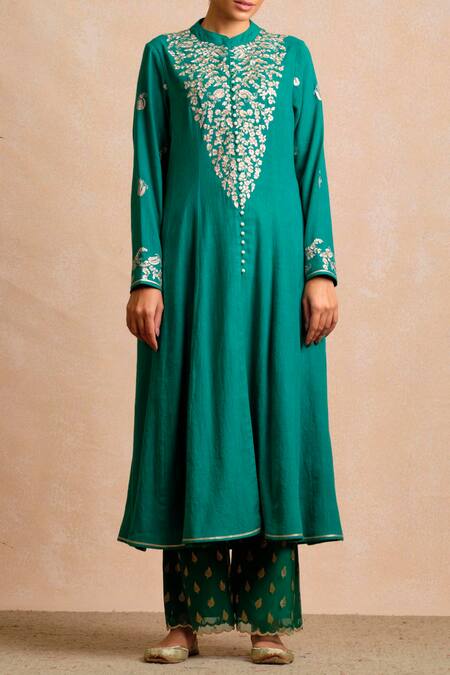 Sue Mue_Beige Banarasi, Handloom Cotton Mandarin Collar Anarkali Set _Online_at_Aza_Fashions