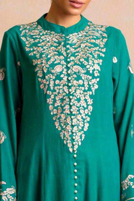 Shop_Sue Mue_Beige Banarasi, Handloom Cotton Mandarin Collar Anarkali Set _Online_at_Aza_Fashions