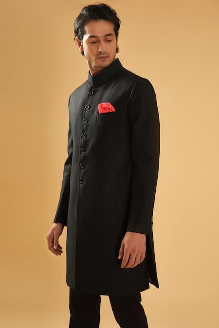 Buy Raghavendra Rathore Blue Black Cotton Mandarin Collar Tailored Achkan Buy_Raghavendra Rathore Blue_Black Cotton Mandarin Collar Tailored Achkan