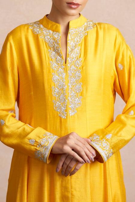 Buy_Sue Mue_Yellow Handloom Cotton, Tussar Georgette Mandarin Collar Anarkali Set _Online_at_Aza_Fashions