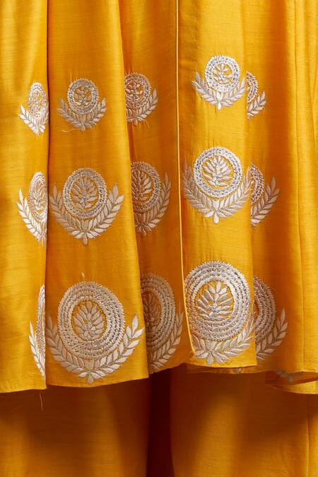 Shop_Sue Mue_Yellow Handloom Cotton, Tussar Georgette Mandarin Collar Anarkali Set _Online_at_Aza_Fashions