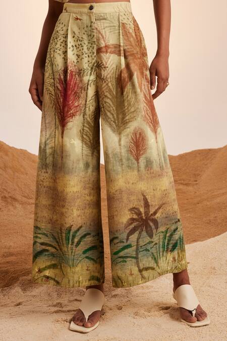 Cord_Beige Cotton Woods Print Wide Legged Pant_Online_at_Aza_Fashions