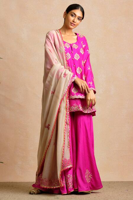 Buy Sue Mue Beige Handloom Cotton, Tussar Georgette U Neck Kurta Sharara Set Online at Aza Fashions Buy_Sue Mue_Beige Handloom Cotton, Tussar Georgette U Neck Kurta Sharara Set _Online_at_Aza_Fashions