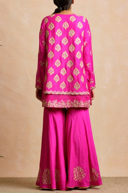 Shop Sue Mue Beige Handloom Cotton, Tussar Georgette U Neck Kurta Sharara Set at Aza Fashions Shop_Sue Mue_Beige Handloom Cotton, Tussar Georgette U Neck Kurta Sharara Set _at_Aza_Fashions