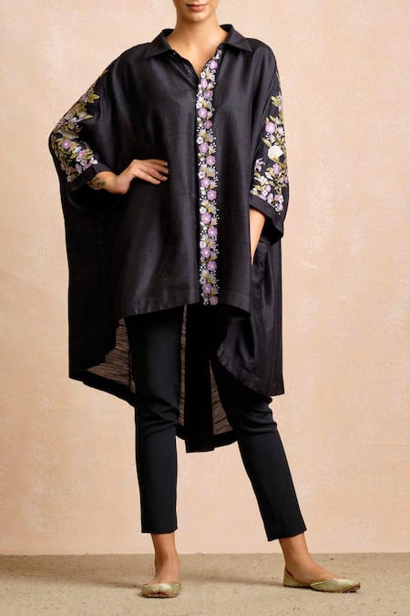 Sue Mue Black Tussar Georgette Spread Collar Embroidered Asymmetric Kurta 