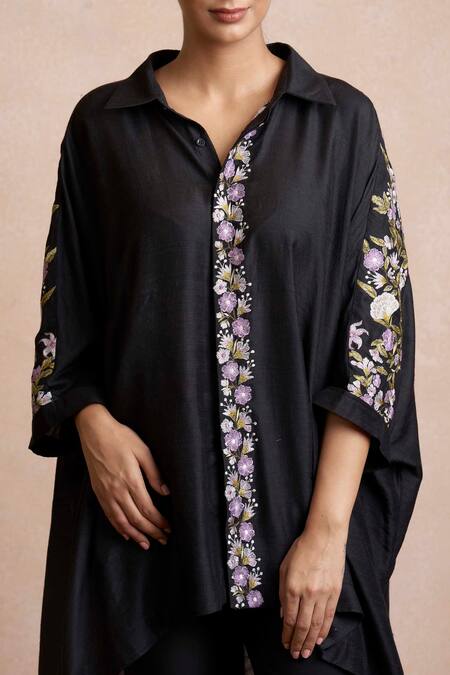 Buy_Sue Mue_Black Tussar Georgette Spread Collar Embroidered Asymmetric Kurta _Online_at_Aza_Fashions