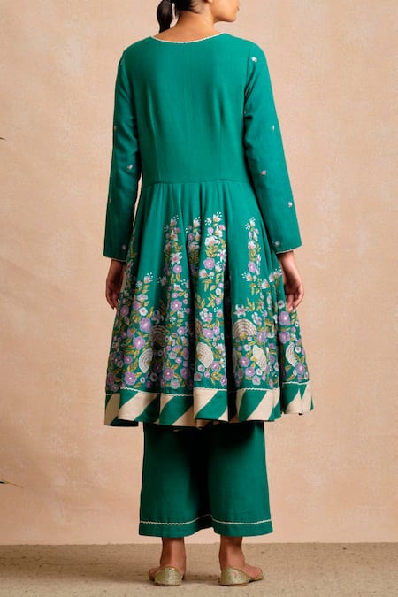 Shop Sue Mue Green Handloom Cotton Round Anarkali Set at Aza Fashions Shop_Sue Mue_Green Handloom Cotton Round Anarkali Set _at_Aza_Fashions