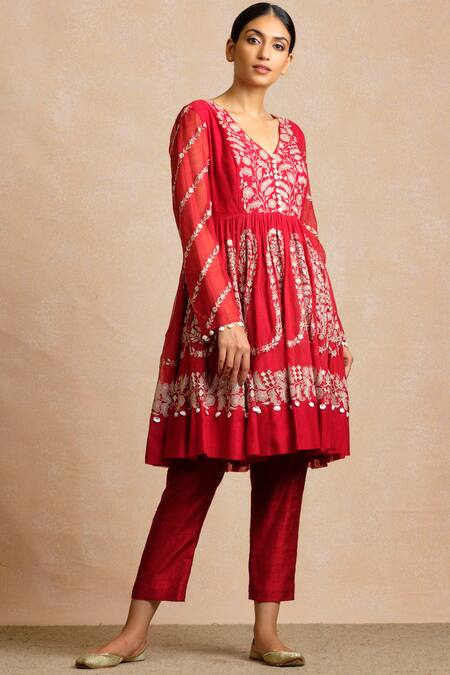 Sue Mue Red Raw Silk, Handloom Maheshwari Cotton V Neck Anarkali Set Online at Aza Fashions Sue Mue_Red Raw Silk, Handloom Maheshwari Cotton V Neck Anarkali Set _Online_at_Aza_Fashions