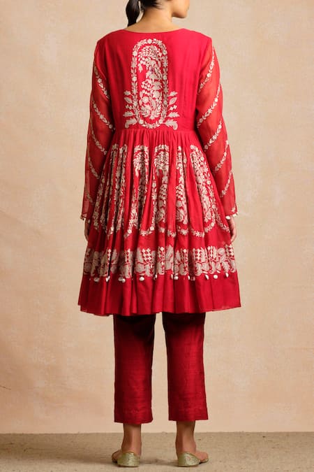 Shop Sue Mue Red Raw Silk, Handloom Maheshwari Cotton V Neck Anarkali Set at Aza Fashions Shop_Sue Mue_Red Raw Silk, Handloom Maheshwari Cotton V Neck Anarkali Set _at_Aza_Fashions