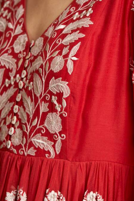 Shop Sue Mue Red Raw Silk, Handloom Maheshwari Cotton V Neck Anarkali Set Online at Aza Fashions Shop_Sue Mue_Red Raw Silk, Handloom Maheshwari Cotton V Neck Anarkali Set _Online_at_Aza_Fashions