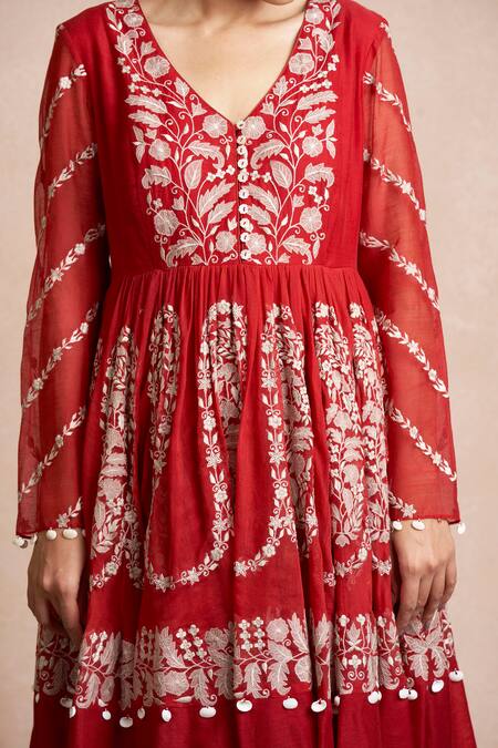 Sue Mue Red Raw Silk, Handloom Maheshwari Cotton V Neck Anarkali Set at Aza Fashions Sue Mue_Red Raw Silk, Handloom Maheshwari Cotton V Neck Anarkali Set _at_Aza_Fashions