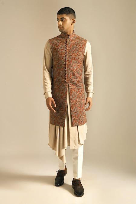 Buy_Dhruv Vaish_Multi Color Cotton Silk Chanderi Long Nehru Jacket _Online_at_Aza_Fashions