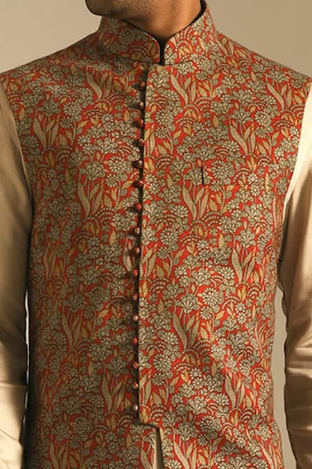Shop Dhruv Vaish Multi Color Cotton Silk Chanderi Long Nehru Jacket Online at Aza Fashions Shop_Dhruv Vaish_Multi Color Cotton Silk Chanderi Long Nehru Jacket _Online_at_Aza_Fashions