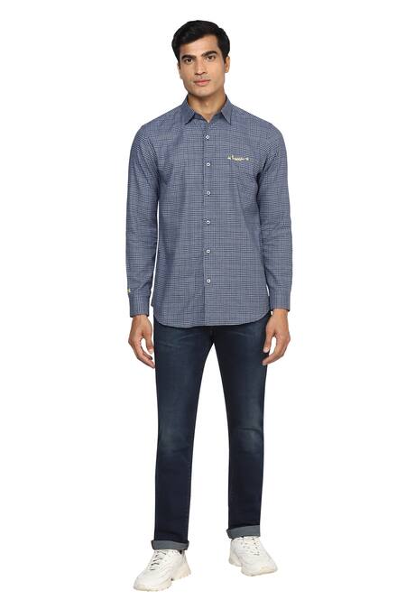 Buy_Noonoo_Blue Cotton Blend Checkered Slim-fit Shirt _Online_at_Aza_Fashions