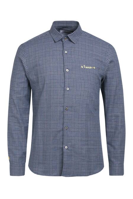 Shop_Noonoo_Blue Cotton Blend Checkered Slim-fit Shirt _Online_at_Aza_Fashions