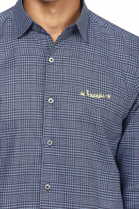 Noonoo_Blue Cotton Blend Checkered Slim-fit Shirt _at_Aza_Fashions