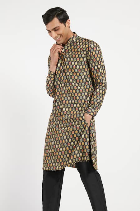 Buy_Rabani & Rakha_Black Kurta Crepe Pant Cotton Silk Printed Set _Online_at_Aza_Fashions