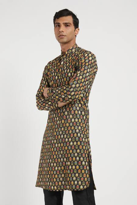 Shop_Rabani & Rakha_Black Kurta Crepe Pant Cotton Silk Printed Set _Online_at_Aza_Fashions
