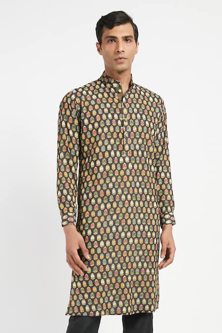 Rabani & Rakha_Black Kurta Crepe Pant Cotton Silk Printed Set _at_Aza_Fashions