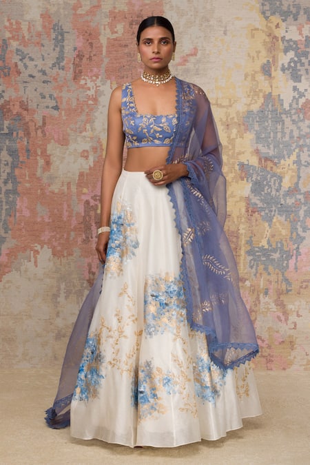 Devnaagri_Blue Chanderi Scoop Neck Lehenga Set _Online_at_Aza_Fashions