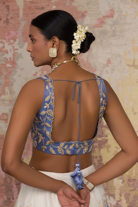 Devnaagri_Blue Chanderi Scoop Neck Lehenga Set _at_Aza_Fashions