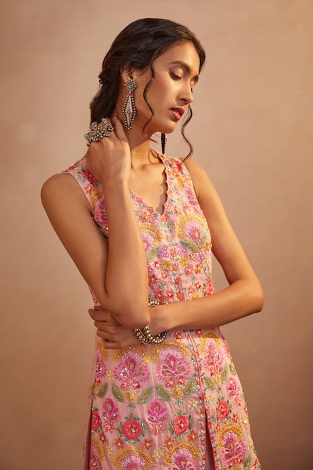 Aneesh Agarwaal_Peach Organza Beads And Mirror, Thread V Neck Embroidered Kurta & Sharara Set _Online_at_Aza_Fashions