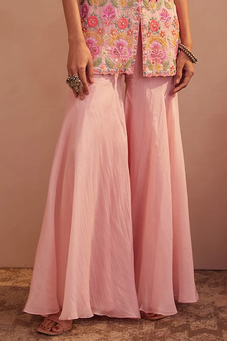 Buy_Aneesh Agarwaal_Peach Organza Beads And Mirror, Thread V Neck Embroidered Kurta & Sharara Set _Online_at_Aza_Fashions