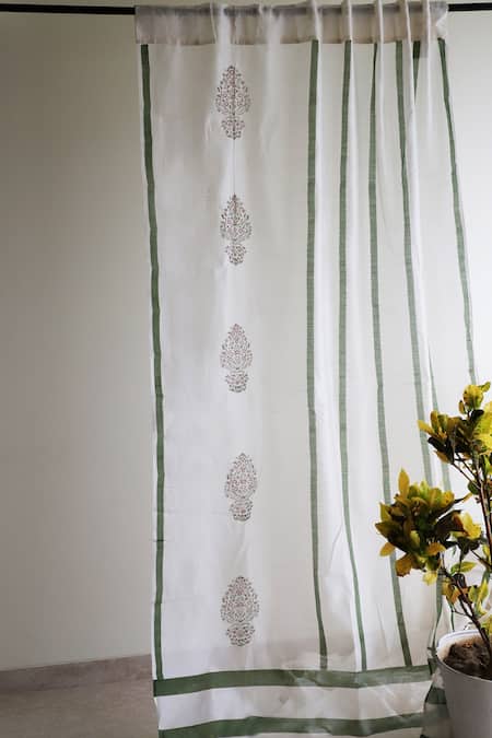 Inheritance India Green Cotton Hand Block Print Chanderi Stripe Curtains Set Of 2