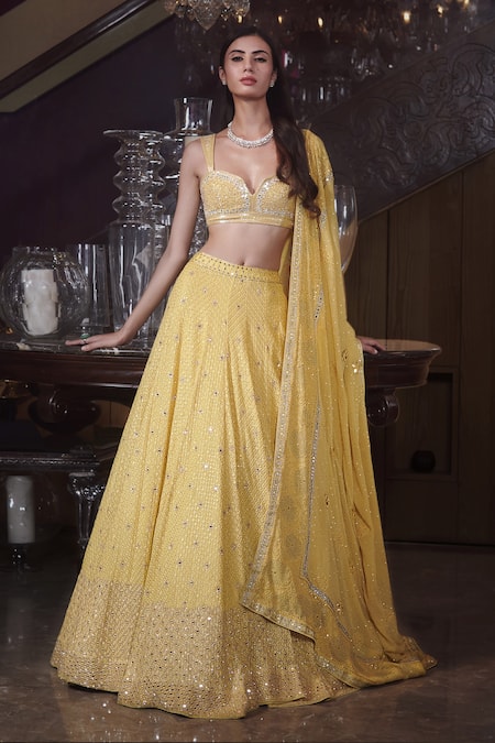 Sawan Gandhi Yellow Georgette Chikankari Lehenga Set