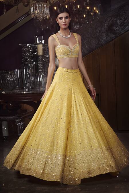 Shop_Sawan Gandhi_Yellow Chikankari Lehenga Set_at_Aza_Fashions