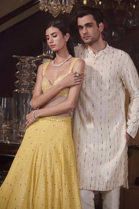 Sawan Gandhi_Yellow Chikankari Lehenga Set_Online_at_Aza_Fashions