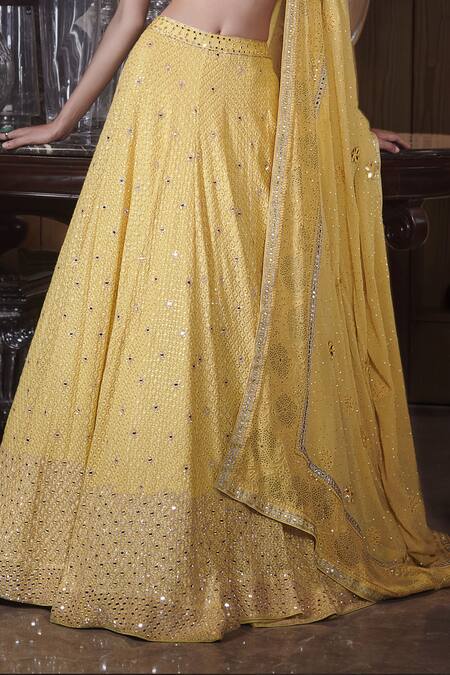 Shop_Sawan Gandhi_Yellow Chikankari Lehenga Set_Online_at_Aza_Fashions