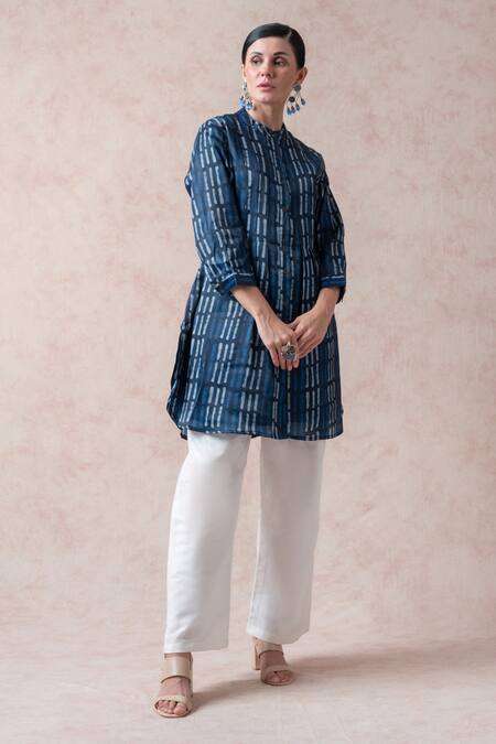 Shop Thetaa Blue Polyester Printed Stripes Band Collar Kurta Set With Contrast Pant Online at Aza Fashions Shop_Thetaa_Blue Polyester Printed Stripes Band Collar Kurta Set With Contrast Pant_Online_at_Aza_Fashions