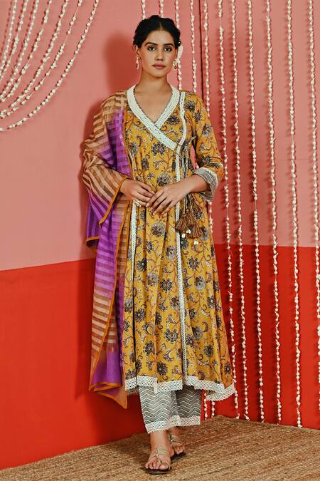 Buy Myaara Yellow Cotton, Organza Mirrors, Embroidery V-neck Flower Print Anarkali Set Online at Aza Fashions Buy_Myaara_Yellow Cotton, Organza Mirrors, Embroidery V-neck Flower Print Anarkali Set _Online_at_Aza_Fashions