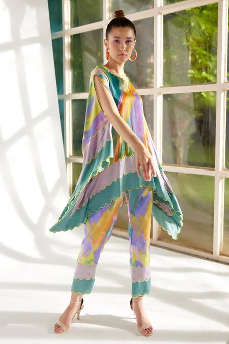 Garima Bindal Multi Color Pure Modal Satin Printed Abstract V Neck Candy Kaftan And Pant Set Online at Aza Fashions Garima Bindal_Multi Color Pure Modal Satin Printed Abstract V Neck Candy Kaftan And Pant Set_Online_at_Aza_Fashions
